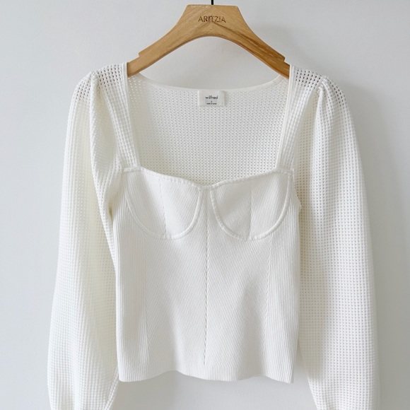 Aritzia Wilfred New Chance Sweater Light Birch Puff Sleeve Knit Top Size S - Picture 6 of 14